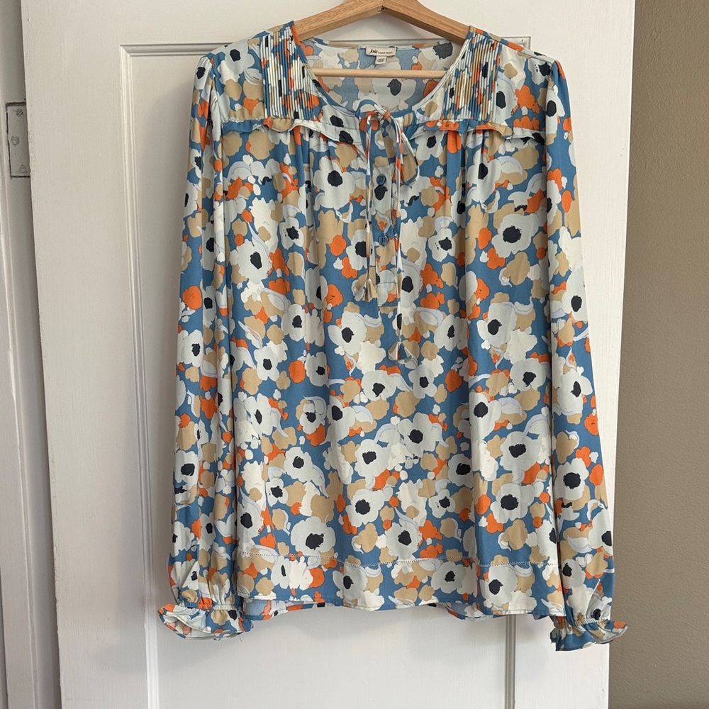 Joie Blue, Orange, and Whit Graphic Floral Flowy Blouse